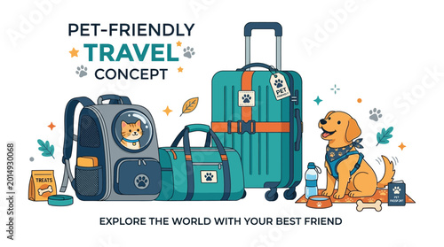Pet friendly travel concept illustration with luggage cat and dog