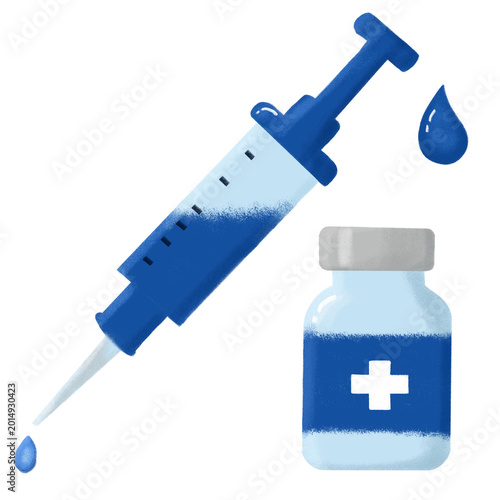 Flat illustration of a syringe and medicine vial, representing vaccination, medical treatment, and healthcare services.