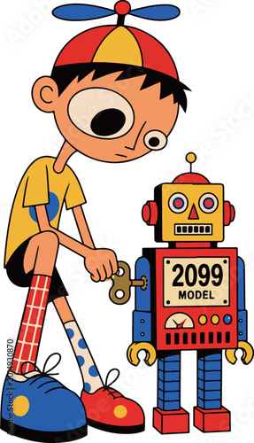 фотографія Boy winding up a retro robot toy