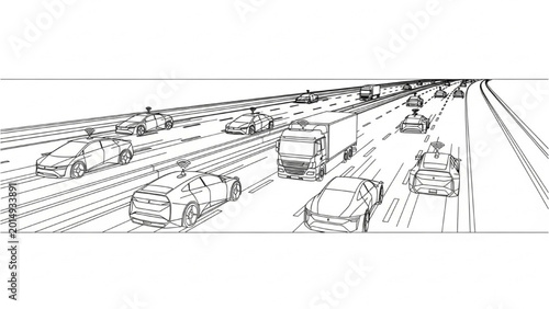 Slika na platnu Vehicles move quickly on 2D CAD designed highway with multiple lanes and cars