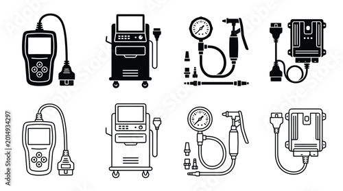 Foto Set of car diagnostic tools icons, including obd scanner, diagnostic machine, ti