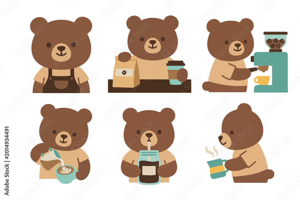 Obraz premium Cute Bear Barista Character Set Coffee Shop Theme Vector Bundle
