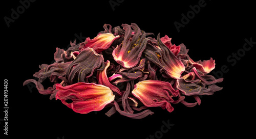 Dried Red Hibiscus Flowers Arranged on Black Background
