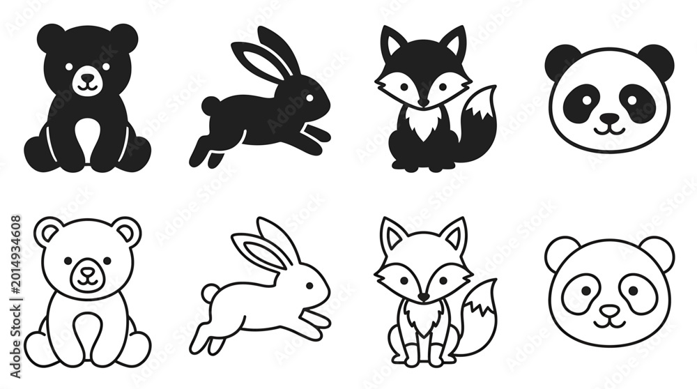 Obraz premium Set of cute animal icons, bear, rabbit, fox and panda, vector illustration