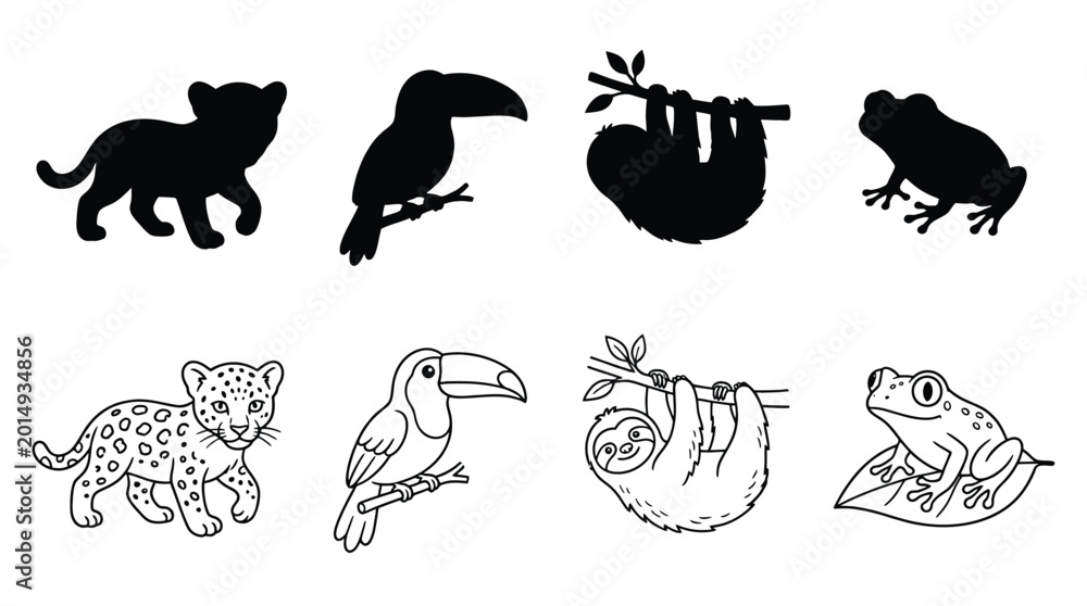 Fototapeta premium Set of cute rainforest animals silhouettes and line art, including jaguar, toucan, sloth, and frog