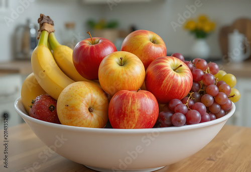 A white bowl filled with apples, bananas, and grapes on a wooden kitchen counter fruit