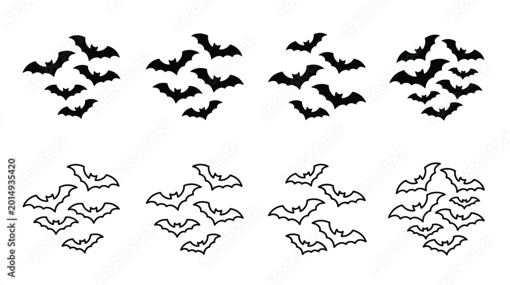 Fototapeta premium Set of bat silhouettes, collection of flying bats, vector illustration