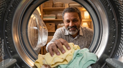 View from inside washing machine of mature smiling man loading clothes for household laundry chore.