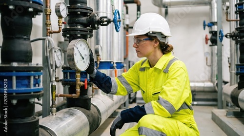 Female industrial engineer wearing hardhat and highvis jacket inspecting pipeline plant room.