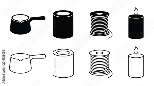 Photos Set of kitchen and household items icons, including coffee pot, tin can, spool o