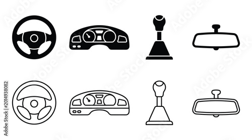 Canvastavla Set of car interior icons steering wheel, dashboard, gear shift, and rearview mi