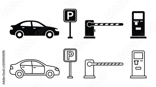 Schilderij op canvas Car parking icons set parking lot elements including car, parking sign, barrier,