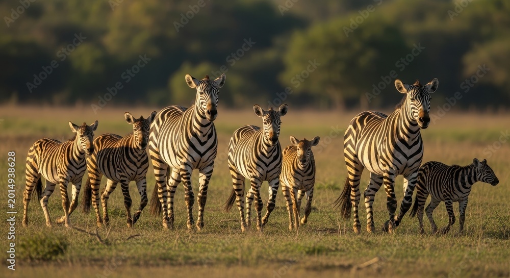 Fototapeta premium Striking Group of Zebras Grazing in African Savanna.