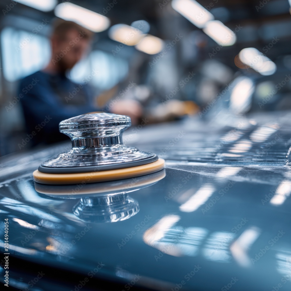 Obraz premium Polishing tool on shiny metal surface with blurred worker in the background in an industrial workshop setting under bright lighting