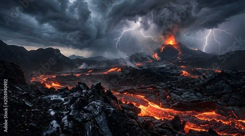 Dramatic volcanic eruption spewing molten lava under a stormy, lightning-filled sky