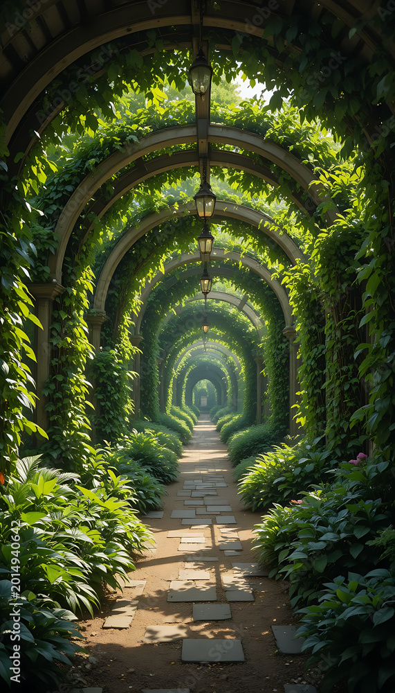 Fototapeta premium Lush green garden tunnel with stone pathway and hanging lanterns archway greenery plants