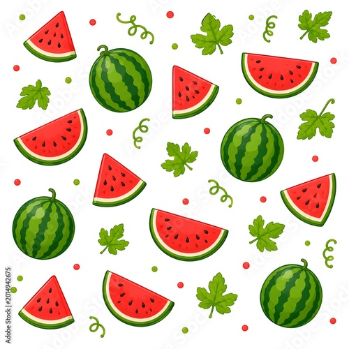Cartoon watermelon seamless pattern with whole fruit, red slices, green leaves, and seeds on white background.