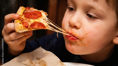 Young boy eating messy pepperoni pizza with stretching melted cheese