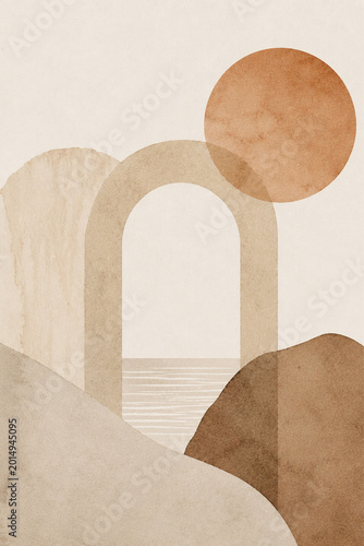 Abstract watercolor shapes with minimal line art in earth tone colors, modern boho aesthetic background