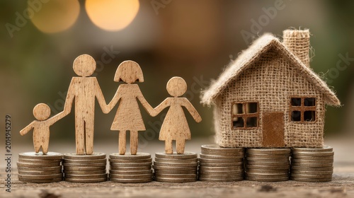 Family and Home Concept with Wooden Figures and Coin Stacks
