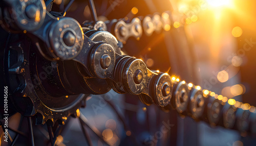 Close-up of a Bicycle Chain with Golden Sunlight.