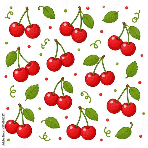A vibrant vector pattern featuring pairs of fresh red cherries, green leaves, and decorative swirls on a clean white background.