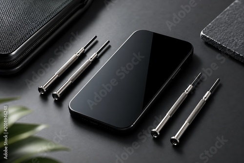 Sleek black smartphone and precision screwdrivers laid out on a dark textured surface, ready for repair or assembly