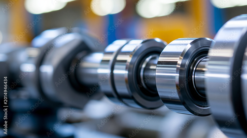 Fototapeta premium Close-up view of a rotating crankshaft as a vital component within an internal combustion engine mechanical assembly. Rotating crankshaft, vital component, mechanical assembly,