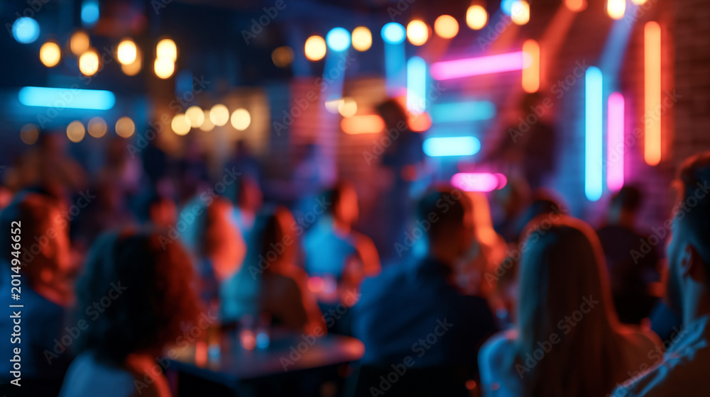 Naklejka premium New Year's Eve comedy show with a lively audience and neon brick wall backdrop in an intimate club setting for a festive entertainment concept. Defocused club background. New Year