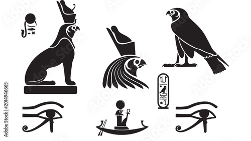 Quadro em tela Bird, cat, eye, and phoenix Egyptian hieroglyph icons set in black silhouette st
