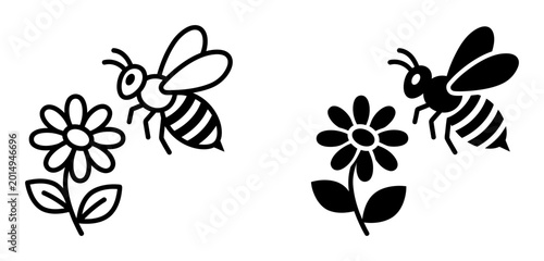 Bee silhouette icons with flower, solid black style, nature animal insect collection for spring designs