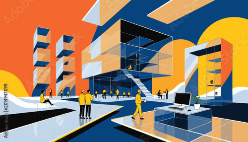 Modern urban architectural complex with vibrant colors and dynamic design elements.