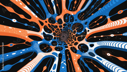 Abstract Digital Art with Dynamic Blue and Orange Patterns and Circular Motion Effect.