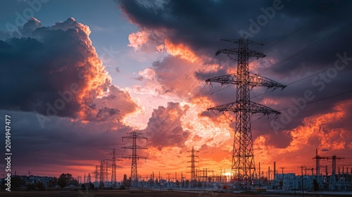 Stunning Sunset Over Power Lines with Dramatic Cloudy Sky