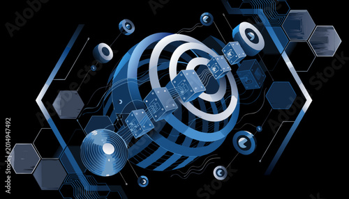 Futuristic digital technology interface with holographic elements and data visualization.