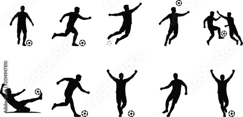 Schilderij op canvas Vector illustration of soccer player silhouettes in action poses showing kicking