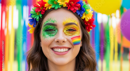 Woman with colorful glitter makeup and flower crown, rainbow face paint, symbolizing pride, celebration, and joy, perfect for festive events.