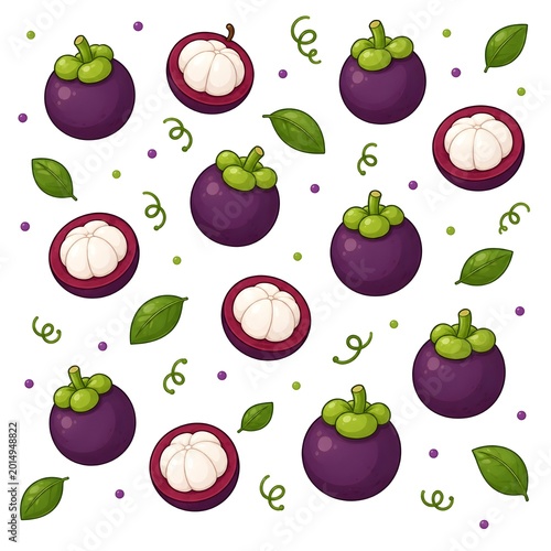 Cartoon illustration of mangosteen fruit pattern with green leaves and vines isolated on white background.