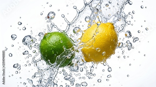 Whole fresh yellow lemon and green lime splashing into water with bubbles on a white background.
