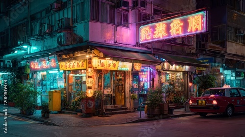Vibrant Street Scene of Neon Signs at Night in Urban Environment