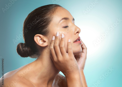 Картината върху платно Woman, relax and skincare in studio with beauty, natural manicure or cosmetics for collagen benefits