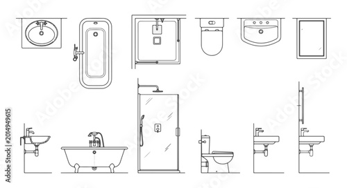 Collection of Bathroom Fixture Architectural Line Art Icons with Plan and Elevation Views for Interior Floor Plan Design