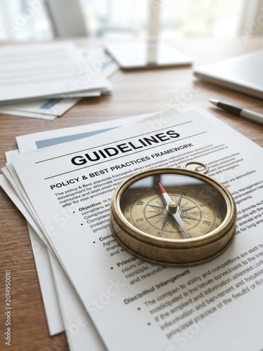 A close-up shot displays a policy and best practices framework document, a vintage compass, and a pen resting on a wooden surface.