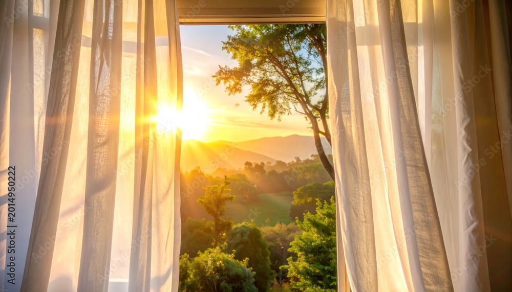 Naklejka premium Sunrise through window curtains