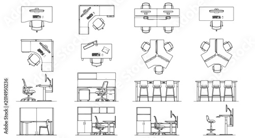 Collection of Office Workspace Architectural Line Art Icons with Desk Elevations and Top View Floor Plan Layouts