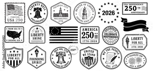 USA independence 250th anniversary grunge rubber stamps collection, celebrating 1776-2026 with patriotic symbols