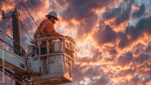 Worker in Manlift Against Dramatic Sunset Sky with Colorful Clouds