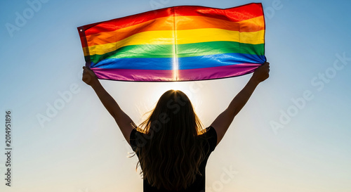 Silhouette of a person holding a rainbow flag against a bright sky, symbolizing pride, diversity, and freedom, perfect for advocacy or celebration concepts