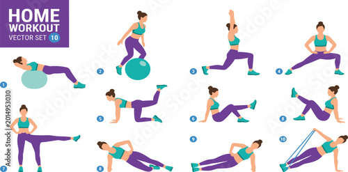 Foto Women Home Workout Exercise Vector Set Featuring Stability Ball Crunches Lunges