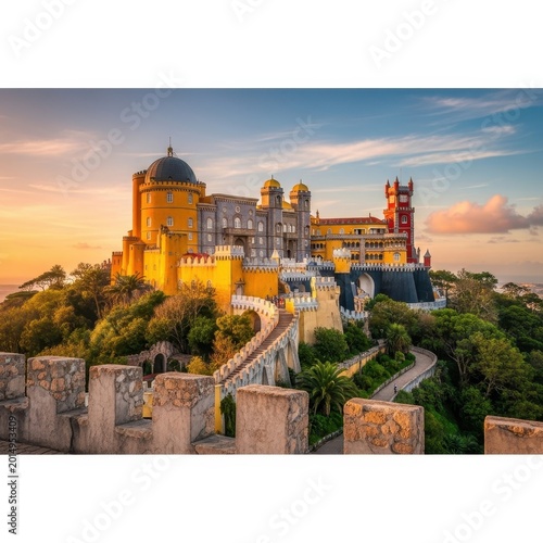 Stunning Pena Palace in Sintra, Portugal, at Sunset.